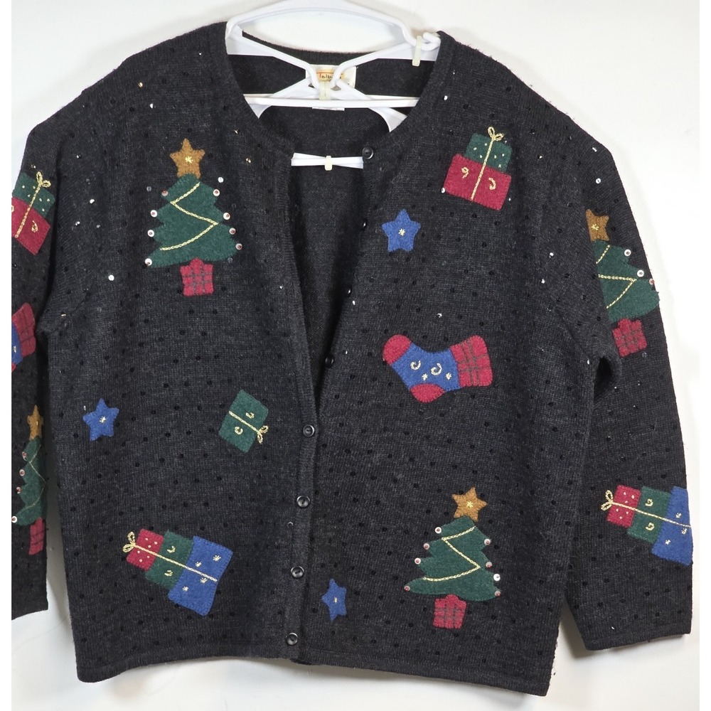 Talbots Womens Cardigan 1X Holiday Vintage Gray Wool Long Sleeve Knit Sweater
